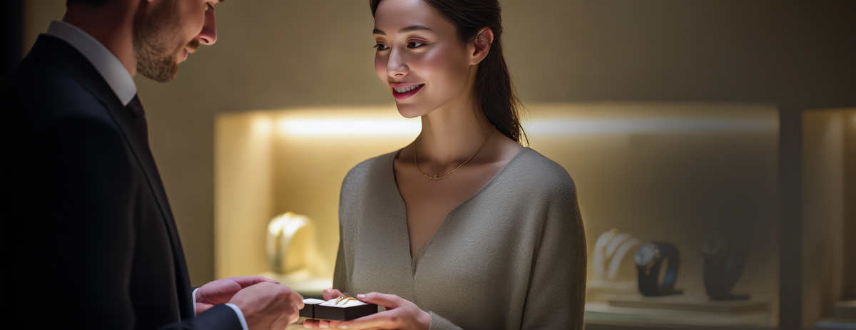 A woman in a beige V-neck sweater smiles while standing in a jewelry store, holding a small box presented by a man in a dark suit.