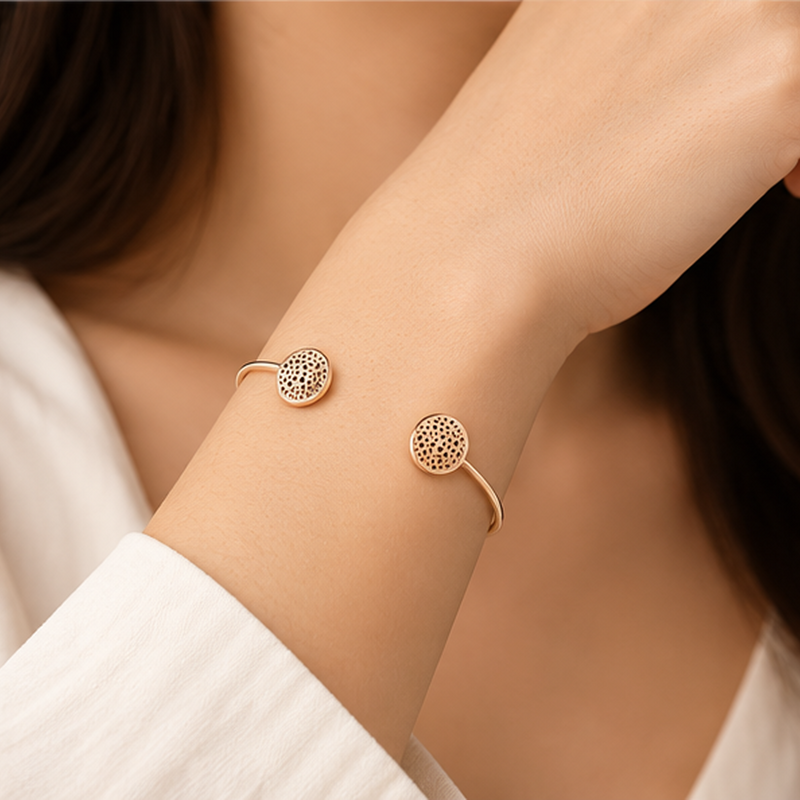 Golden Twin Disc Bracelet worn on the wrist