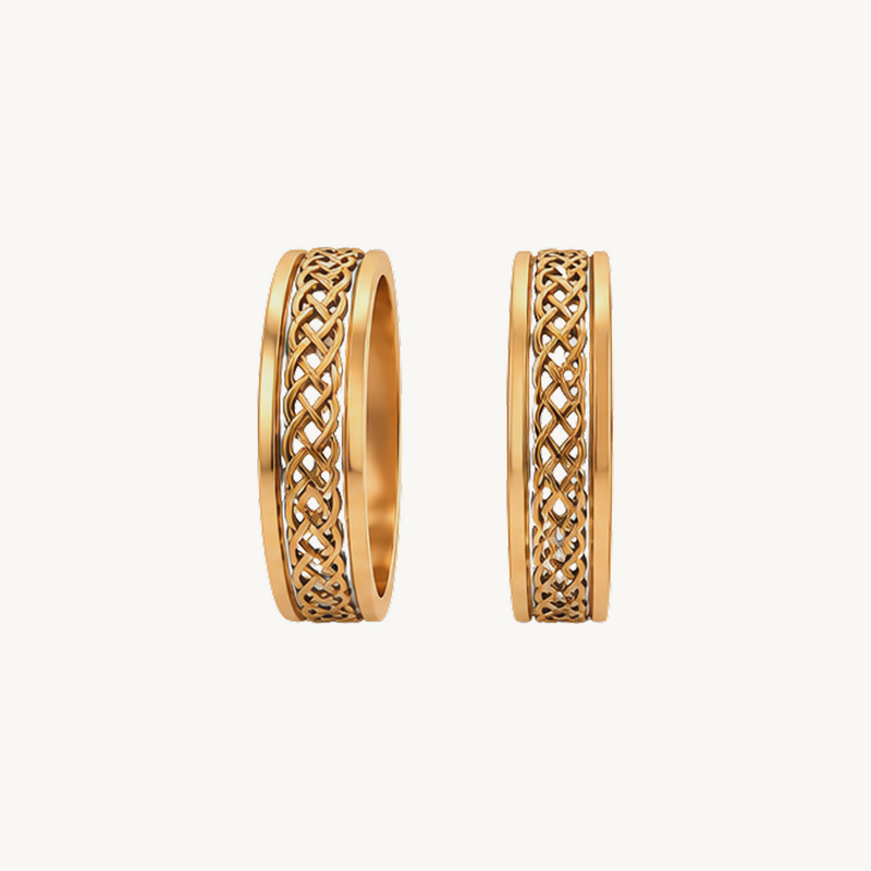Front view of gold-coloured bangles with an interwoven motif