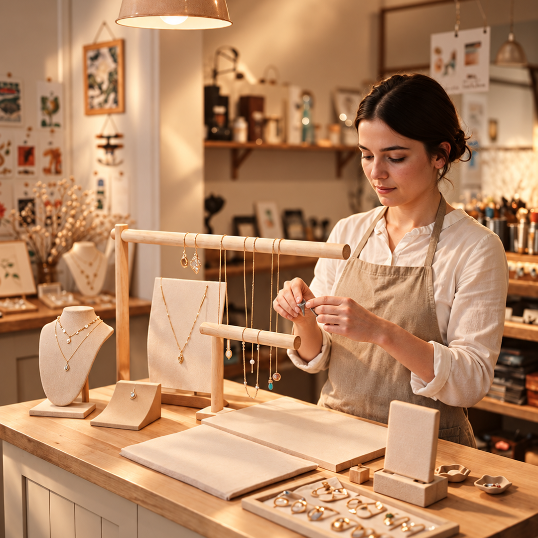 A woman wearing a beige apron over a white blouse stands behind a jewelry display stand in a warmly lit craft or jewelry studio. She is arranging delicate necklaces and earrings on a light wood stand.