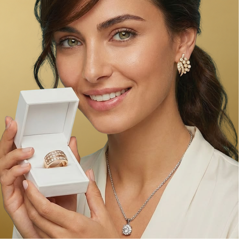 A woman holds an open white jewelry box displaying a rose gold ring, with matching rose gold and diamond jewelry visible on her hand and ear. She is wearing a silver chain necklace with a round diamond pendant against a warm beige background.5
