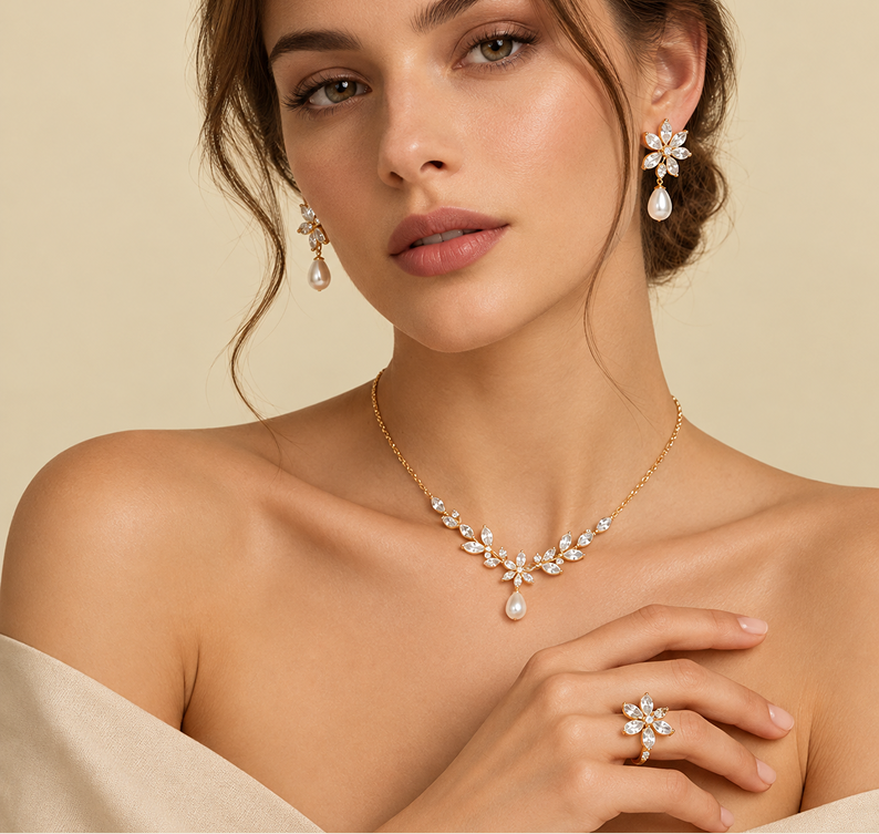 A close-up of a woman wearing a coordinated jewelry set with a gold necklace, matching drop earrings, and a ring, each featuring clear stones and pearl-like accents, against a warm beige background.